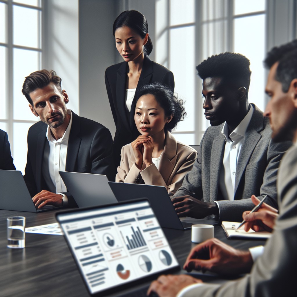 Cover image showing a diverse group of business professionals discussing strategies around a table with CRM software on their laptops, symbolizing the focus on customer relationship management in Belgium.