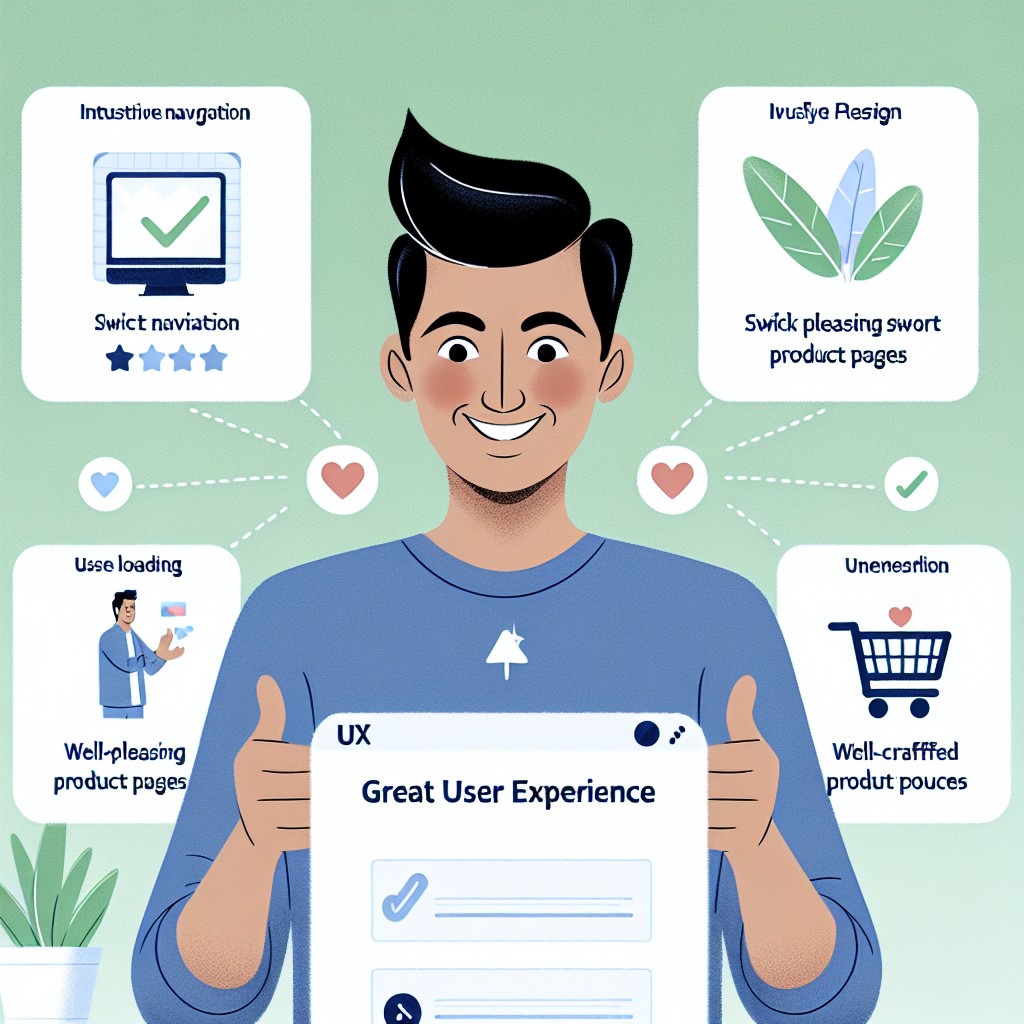 Une illustration attrayante montrant un utilisateur interagissant positivement avec une boutique en ligne, représentant l'importance de l'UX en e-commerce.