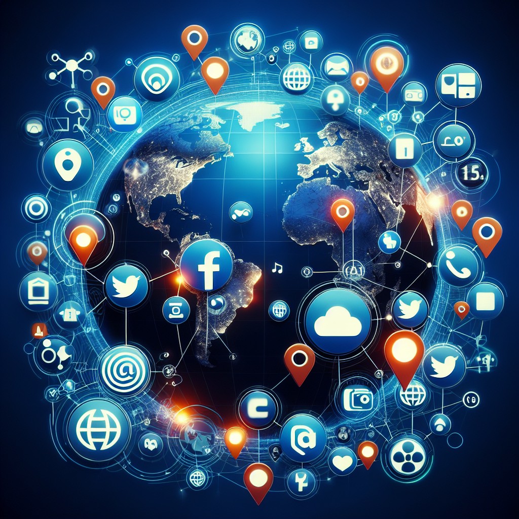 Image de couverture montrant des icônes des principales plateformes de réseaux sociaux entourées de symboles de localisation.