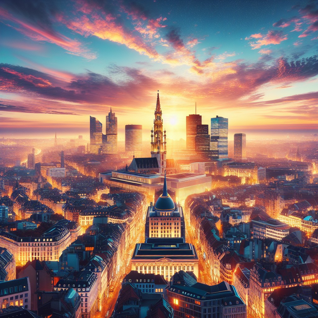 Image de la skyline de Bruxelles au coucher du soleil, illuminée par des lumières numériques