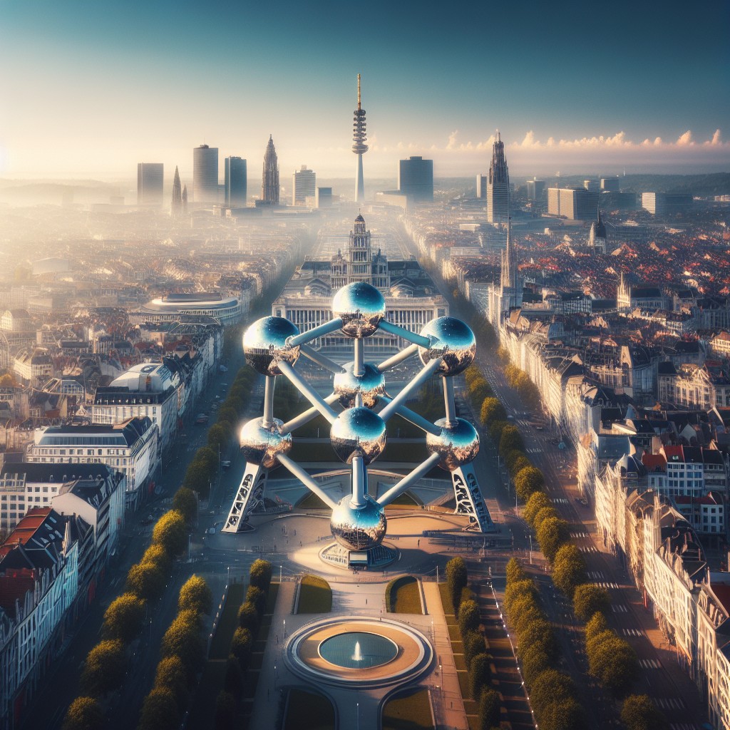 Vue panoramique de Bruxelles montrant l'Atomium et la Grand-Place sous un ciel bleu clair.