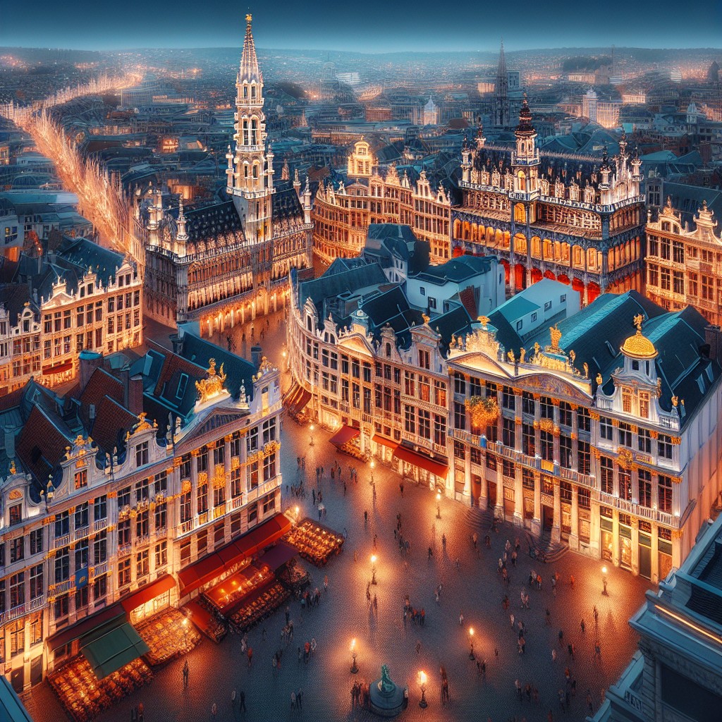 Vue panoramique de la Grand-Place de Bruxelles, magnifiquement éclairée en soirée, mettant en valeur l'architecture historique et le charme unique de la ville.