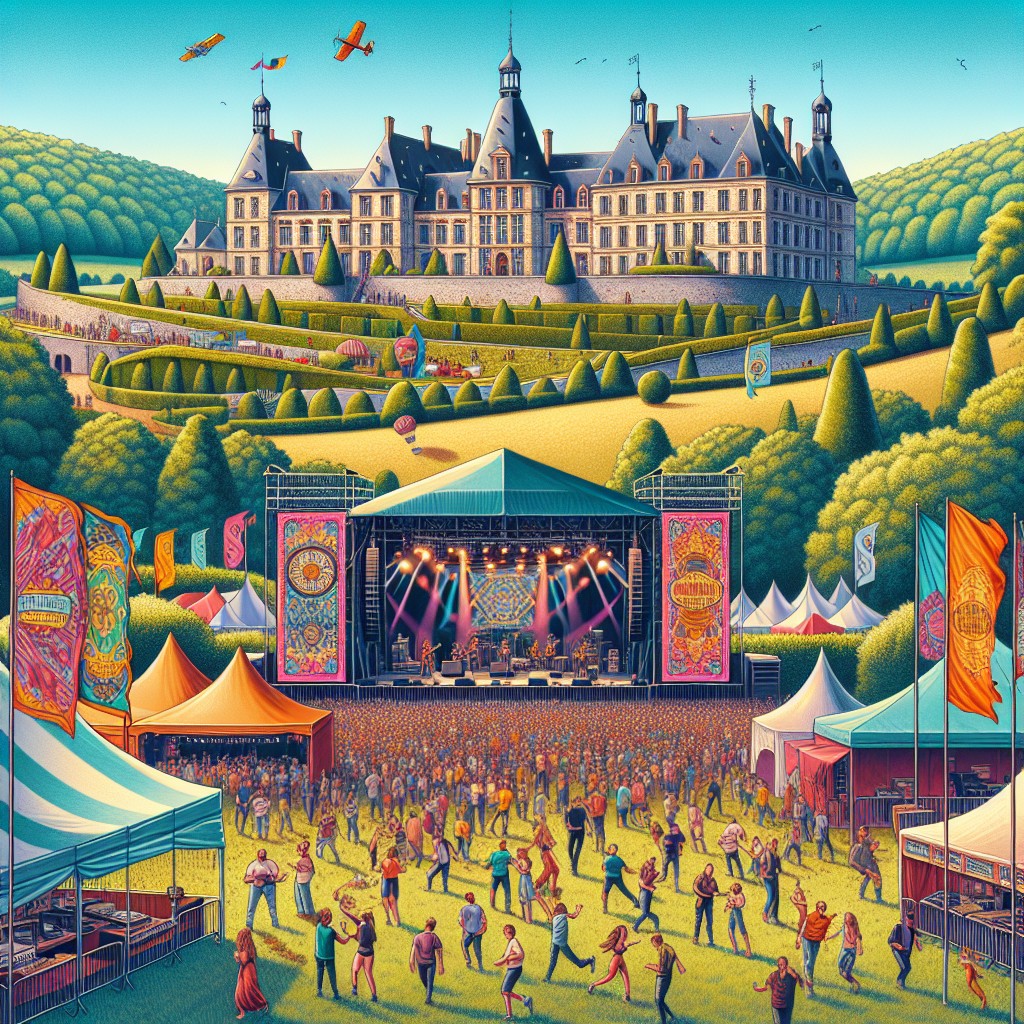 Photo colorée d'un festival en plein air en Wallonie avec châteaux en arrière-plan.