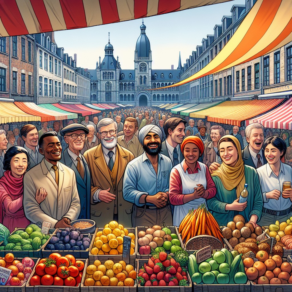 Vue animée du Marché de Namur avec étals colorés, produits locaux et visiteurs souriants.