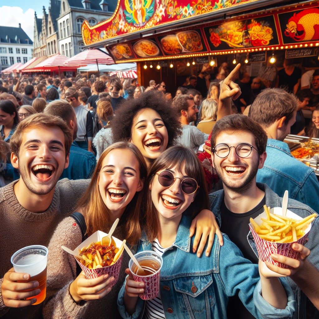 Visiteurs se réjouissant autour des stands gastronomiques lors de la Fête de Wallonie à Liège