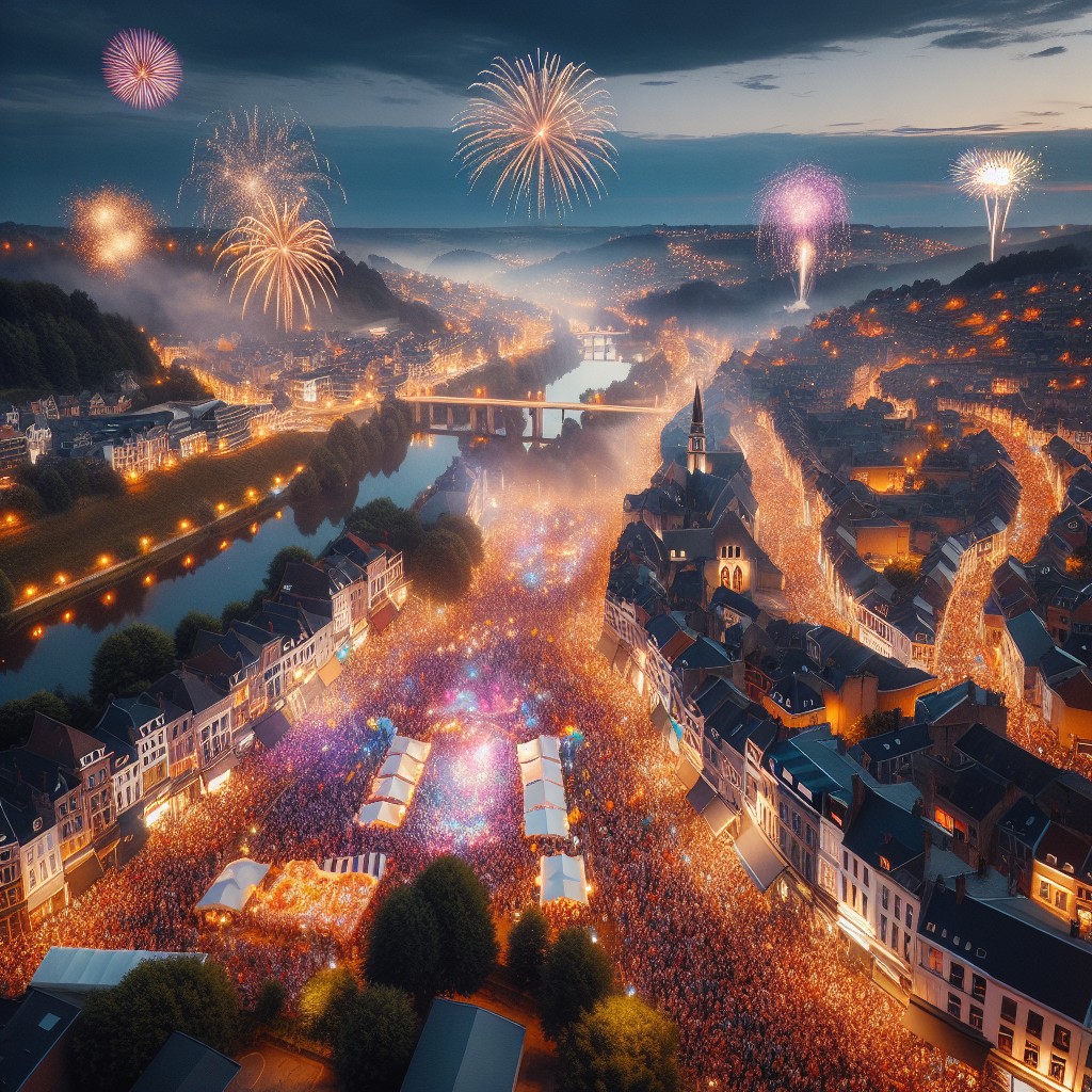 Vue aérienne des festivités de Wallonie à Charleroi avec feux d'artifice illuminant la nuit.