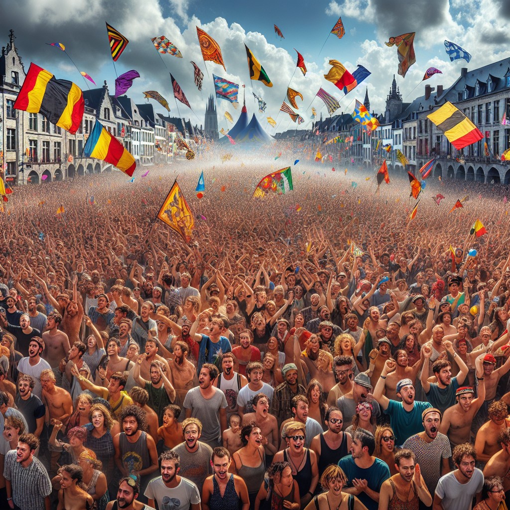 Vue panoramique d'une foule vibrante avec des drapeaux colorés pendant les Fêtes de Wallonie.