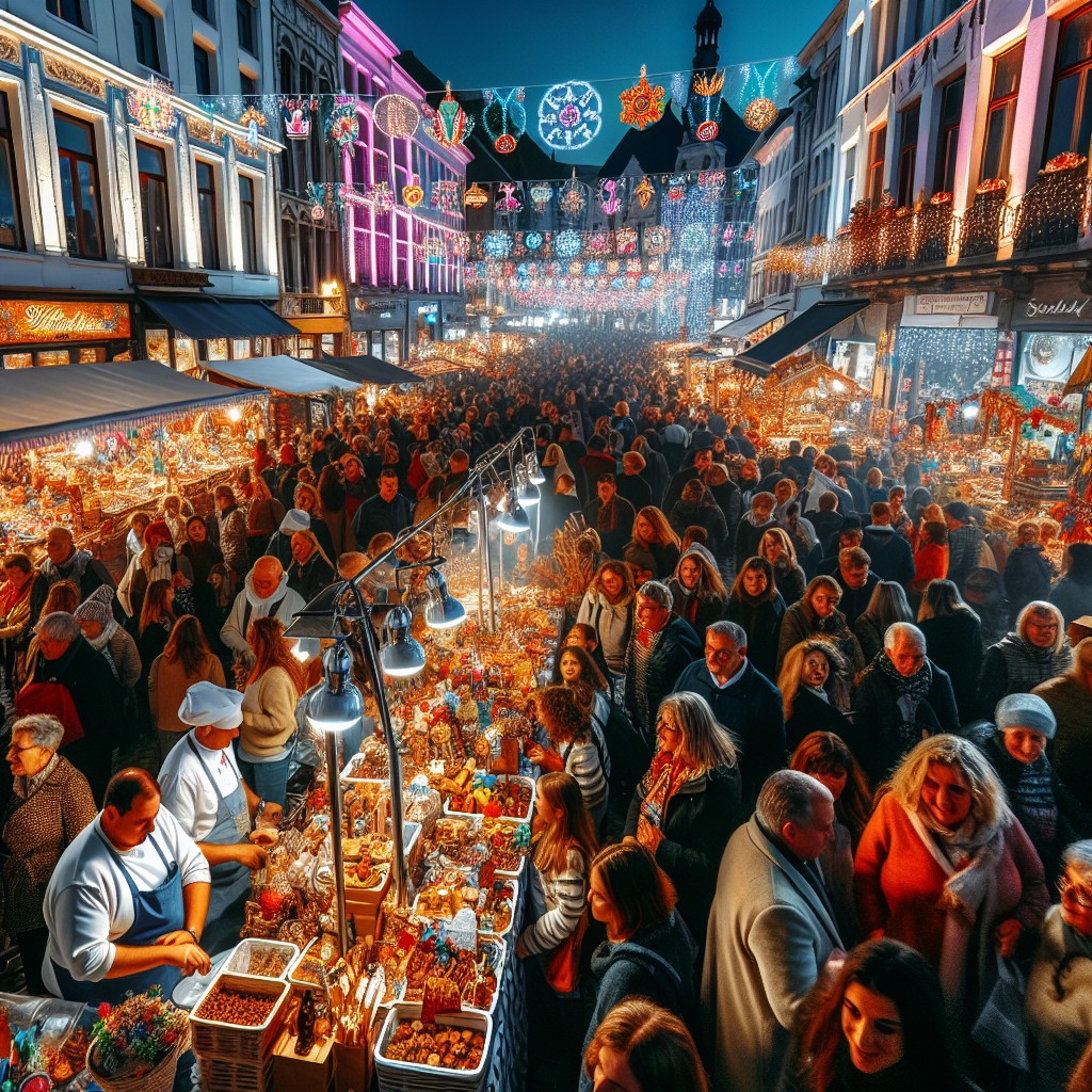 Charleroi vibrant et festif lors des Fêtes de Wallonie, avec foule animée et décorations colorées.