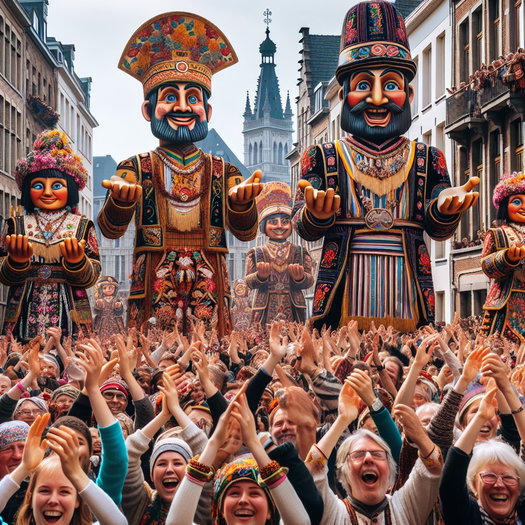 Célébrations traditionnelles en Wallonie avec géants et foule enthousiaste