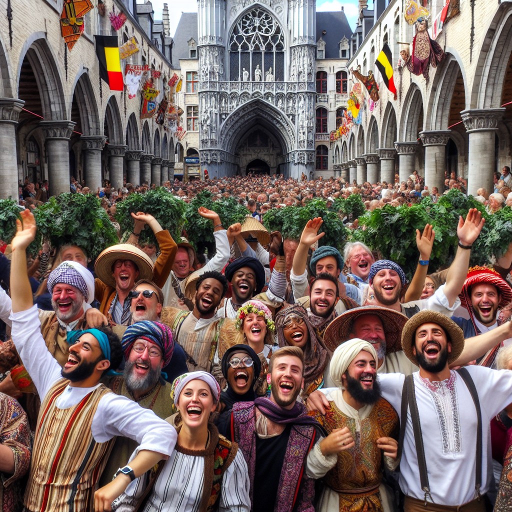 Scène animée des Fêtes Wallonnes avec des festivaliers en costume traditionnel exaltant les rues de Namur.