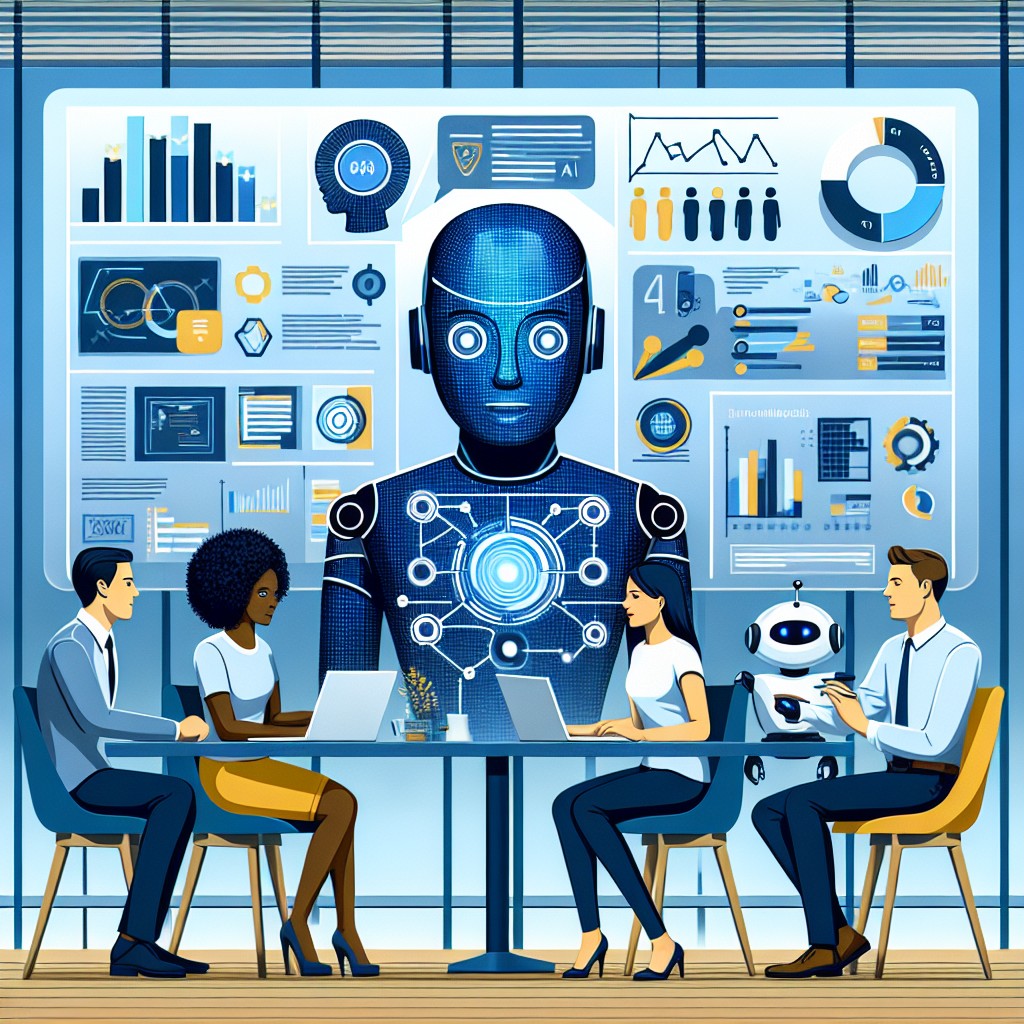 Illustration montrant l'intégration de l'intelligence artificielle dans le marketing digital avec des graphismes de data analytics et des interactions client personnalisées.