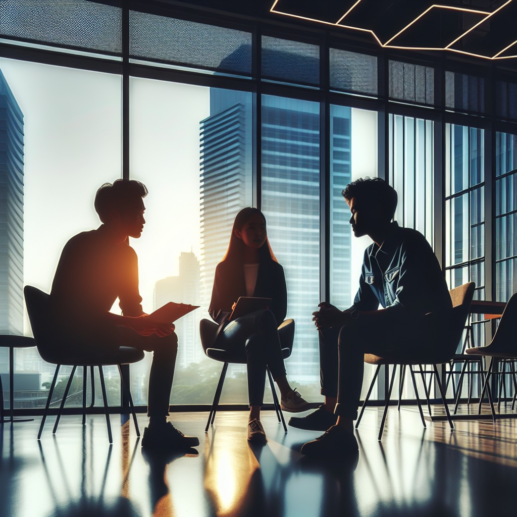 Silhouette de jeunes entrepreneurs discutant dans un espace de coworking moderne, symbolisant l'énergie et la collaboration des startups.