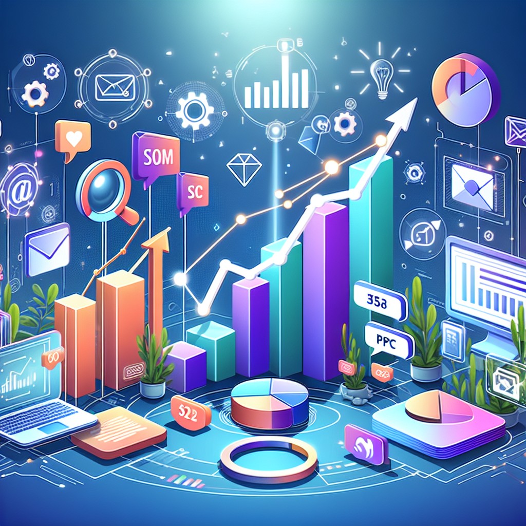 Image de couverture d'un article sur l'essor du marketing digital avec des illustrations d'outils numériques et des statistiques de croissance.