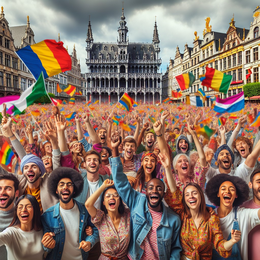 Une foule joyeuse participant aux festivités colorées de la Fête de Wallonie à Liège, avec des drapeaux en l'air et un arrière-plan historique.