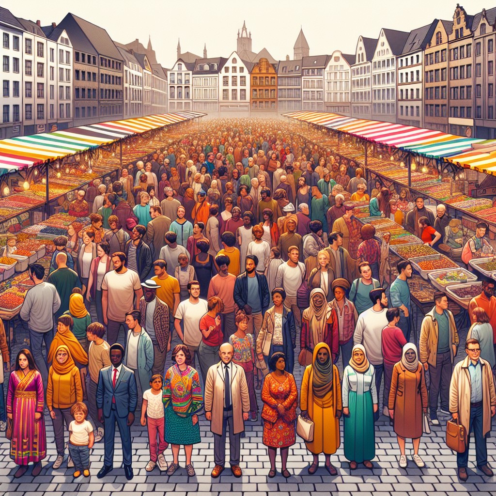 Vue panoramique du marché de Namur avec des étals colorés et une foule animée au cœur de la ville.