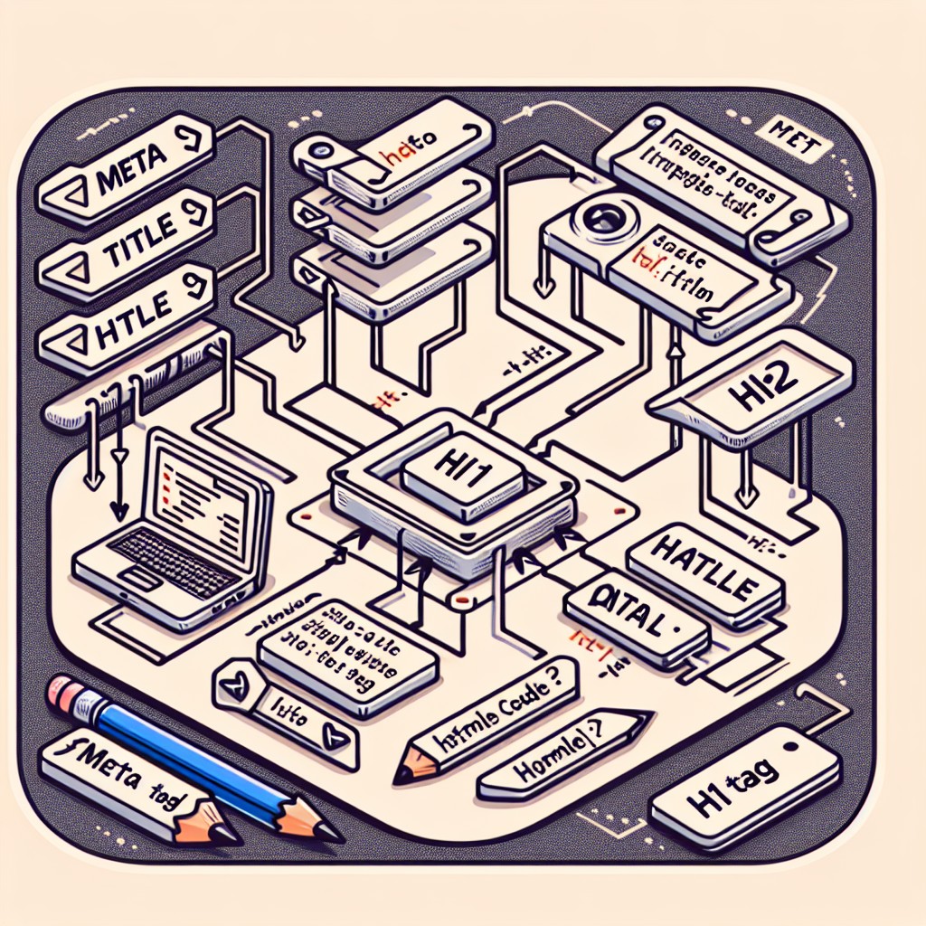 Une image illustrant la structure des balises HTML avec des exemples de balises meta, title, et h1.