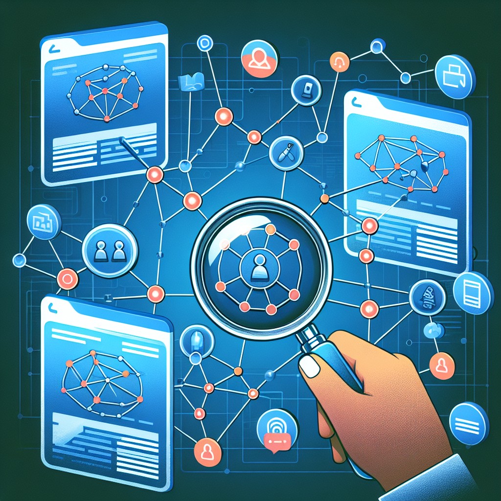 Illustration montrant un réseau de sites web interconnectés par des backlinks avec une loupe sur l'un des liens.