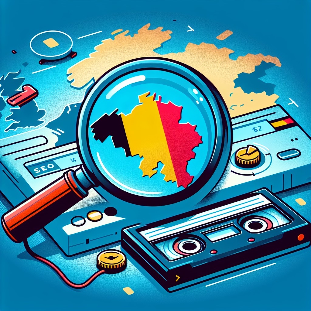 Illustration d'un magnétoscope à la loupe avec la Belgique en arrière-plan, symbolisant l'analyse SEO et l'expansion numérique.