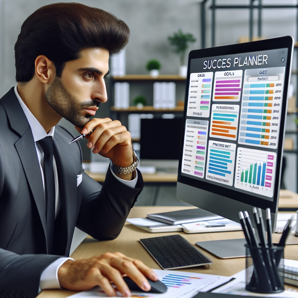 Un manager utilisant un success planner numérique pour organiser les objectifs et les priorités de l'équipe.