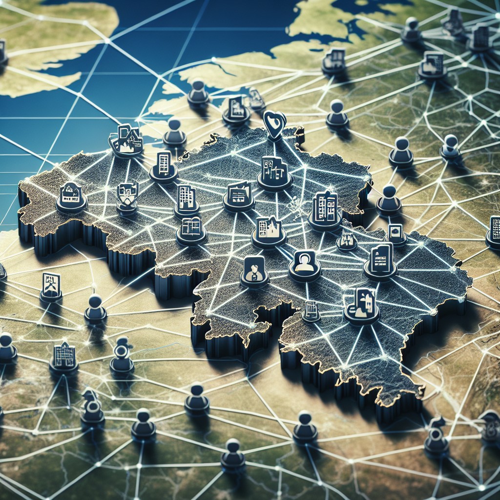 Une carte de la Belgique avec des icônes de liens connectant différentes régions, représentant le netlinking à travers le pays.