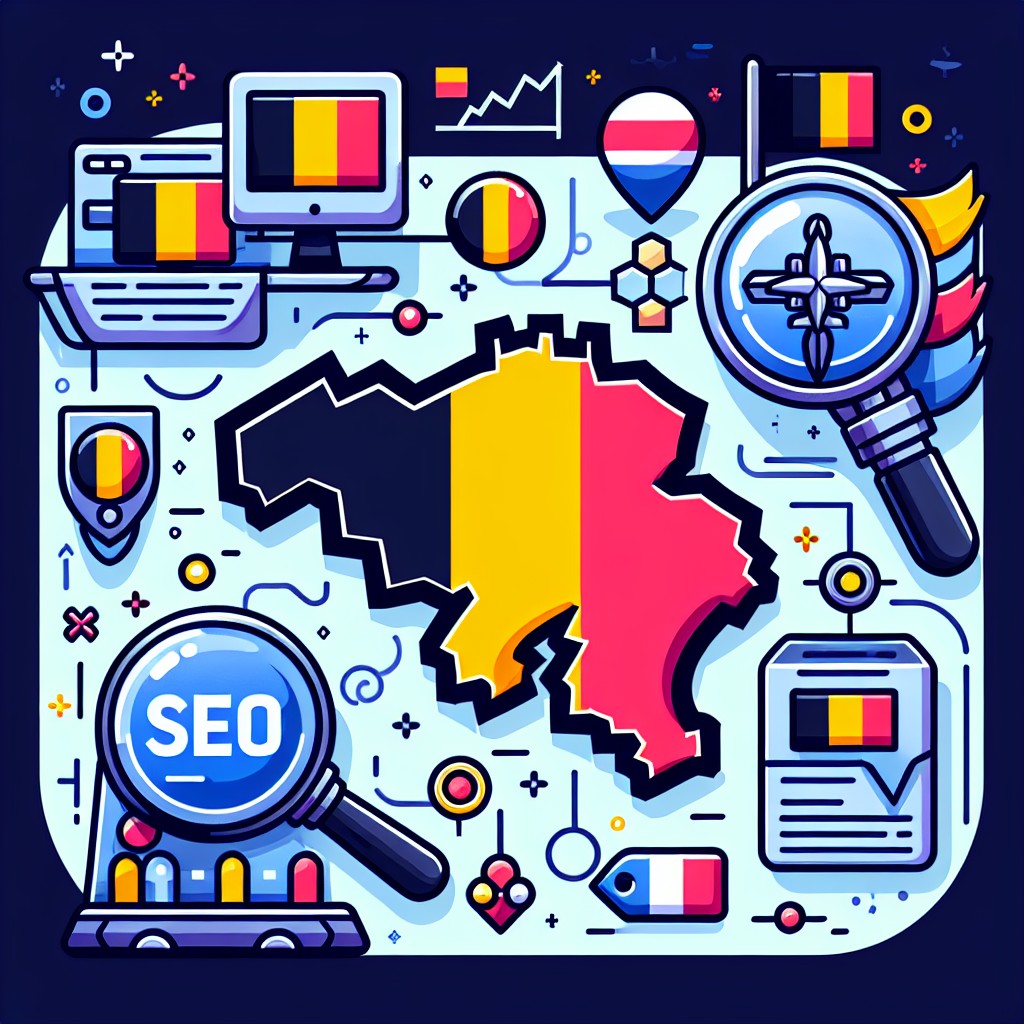 Illustration montrant des icônes de SEO, e-commerce et cartes de la Belgique avec des drapeaux francophones et néerlandophones