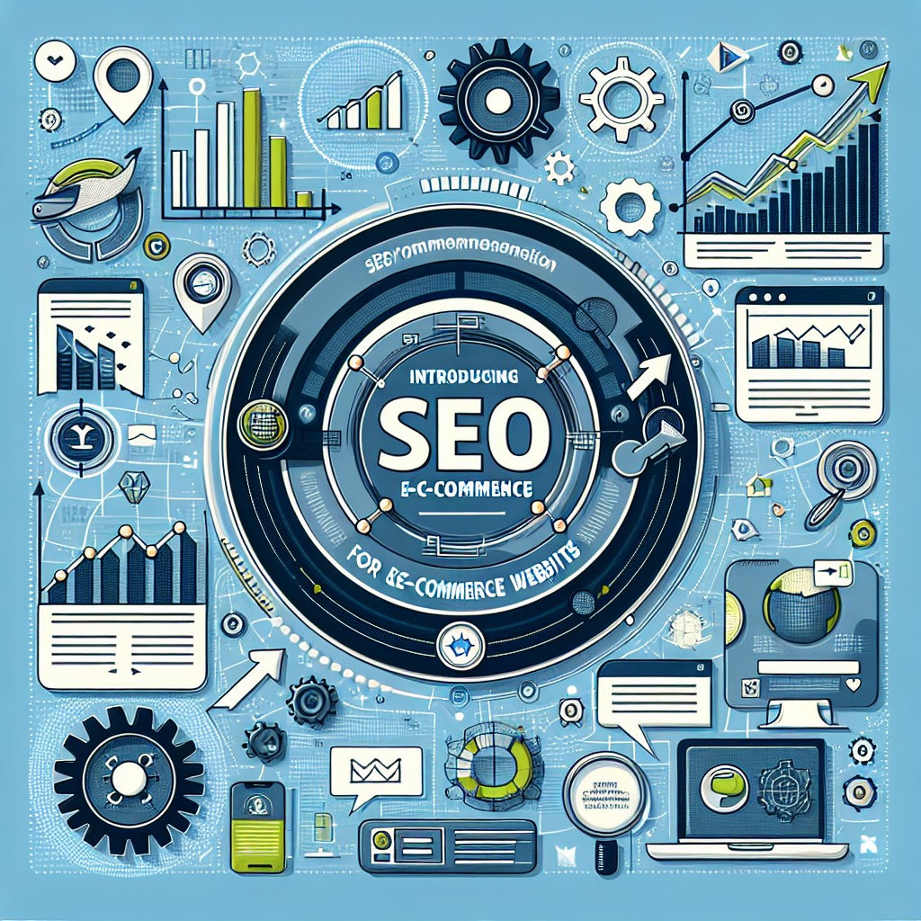 Couverture de l'article sur l'introduction au SEO pour les sites e-commerce, mettant en valeur des éléments tels que des graphiques de performance, des entreprises en ligne, et des outils SEO.