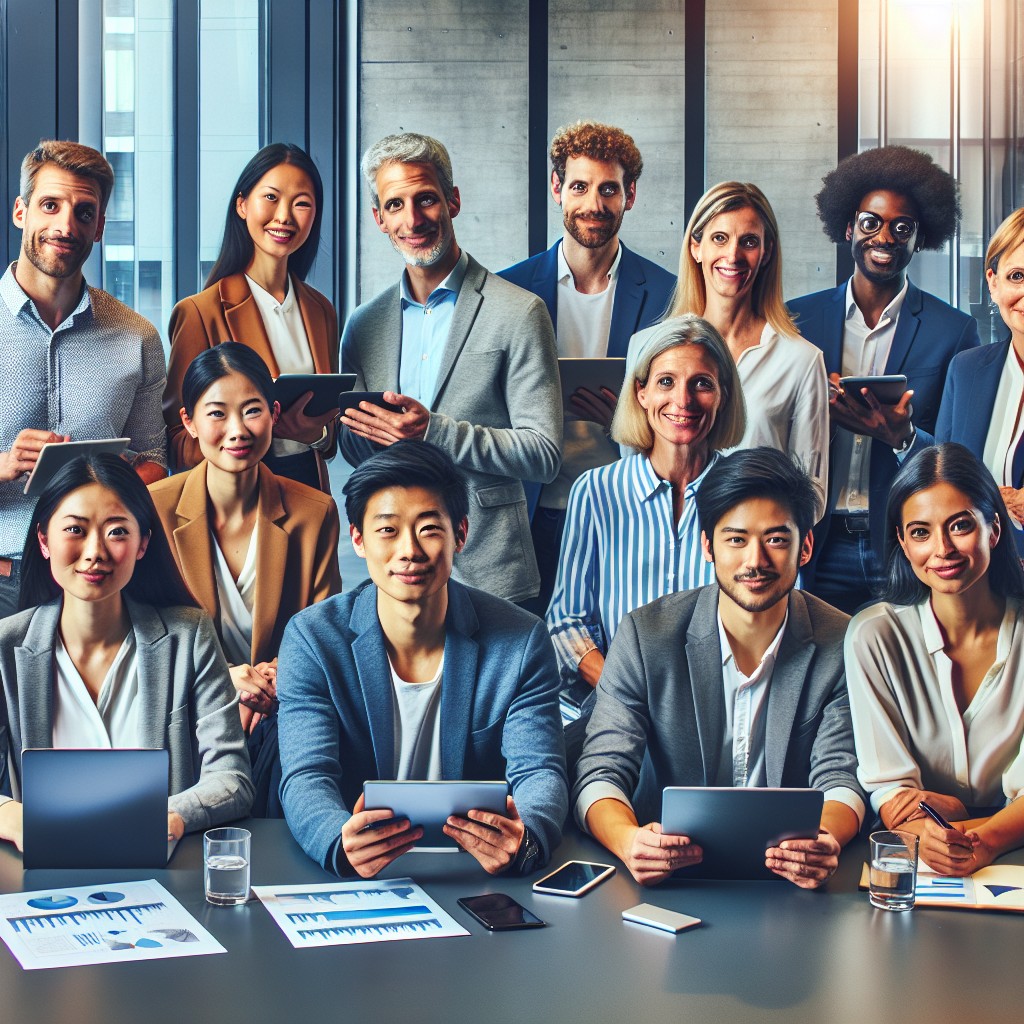 Un groupe diversifié de professionnels belges collaborant sur une stratégie de contenu numérique.