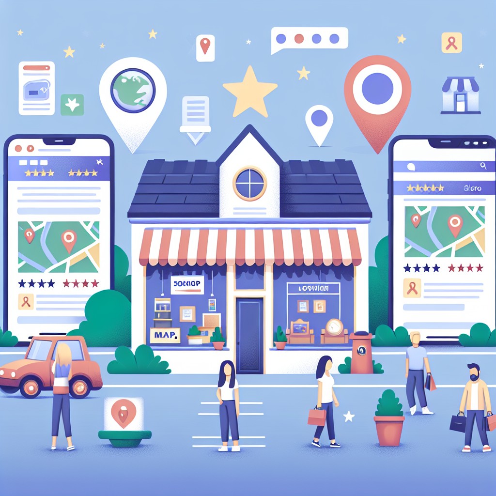 Illustration d'une entreprise locale bénéficiant d'une visibilité accrue grâce au SEO local, avec des icônes de cartes, de mobiles et de clients satisfaits.