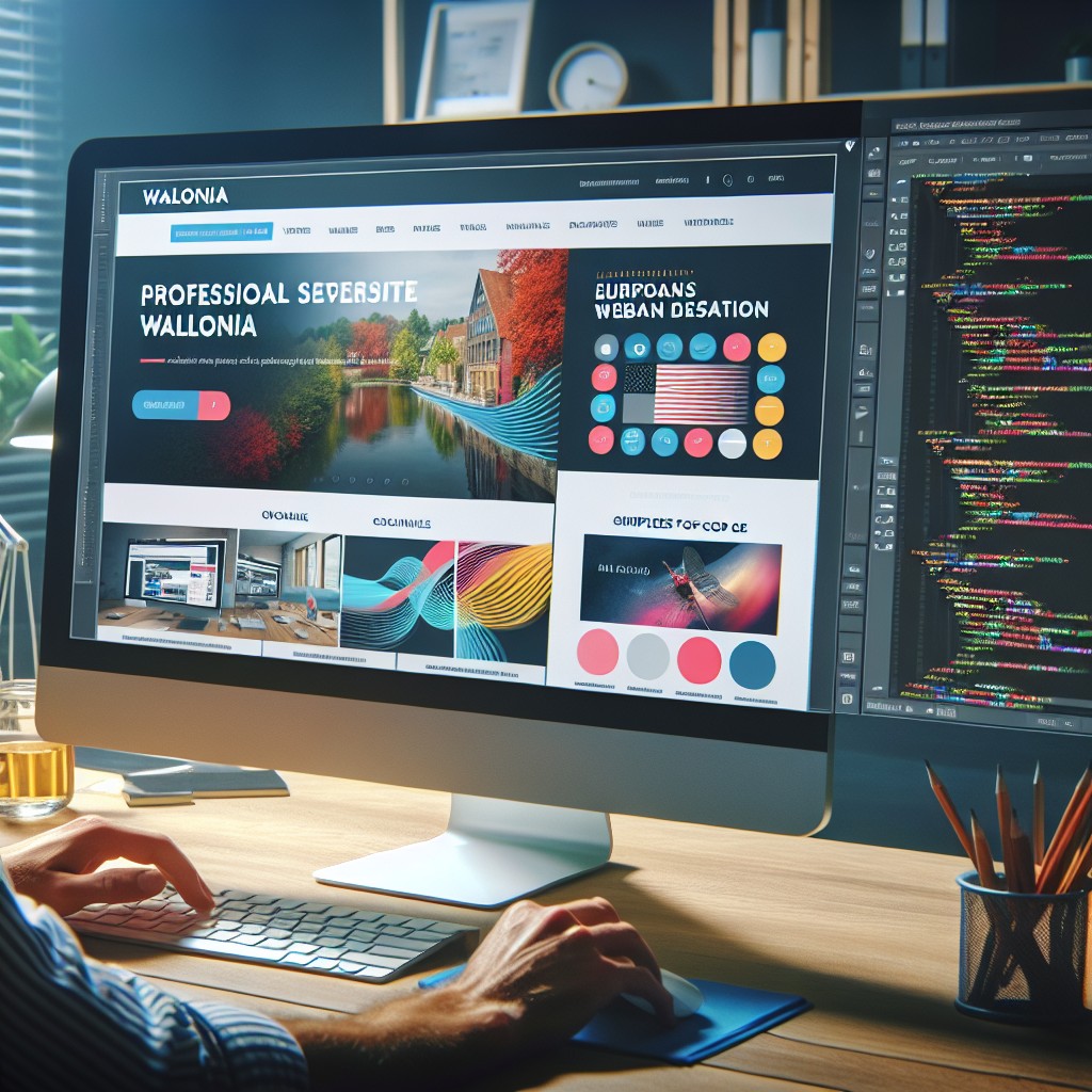 Un écran d'ordinateur avec un site web professionnel en cours de conception, représentatif de la création de sites web en Wallonie.