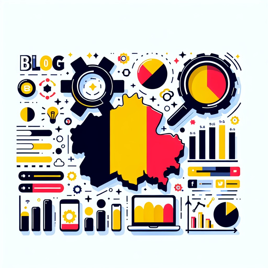 Couverture de l'article sur l'importance d'une stratégie de contenu en Belgique, montrant divers éléments comme des icônes de blog, réseaux sociaux, et graphiques de performance.