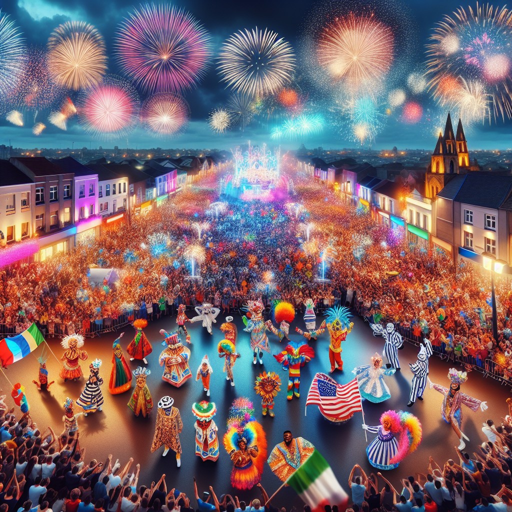 Une vue panoramique sur les festivités colorées et animées de Longueville, mettant en scène un défilé vibrant accompagné d'un spectaculaire feu d'artifice illuminant le ciel nocturne.