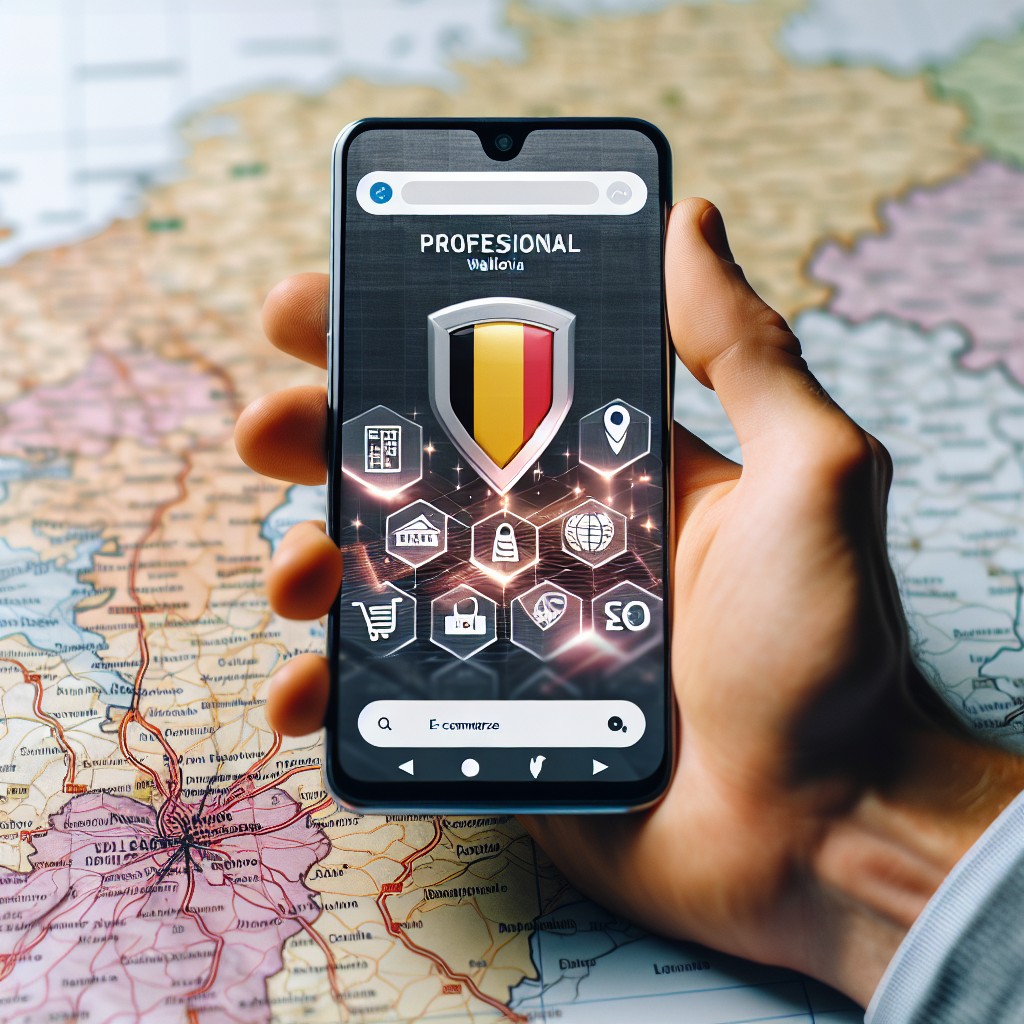 Image de couverture : Une main tenant un smartphone affichant un site web professionnel avec des icônes de commerce électronique et de SEO sur un fond de carte de la Wallonie.