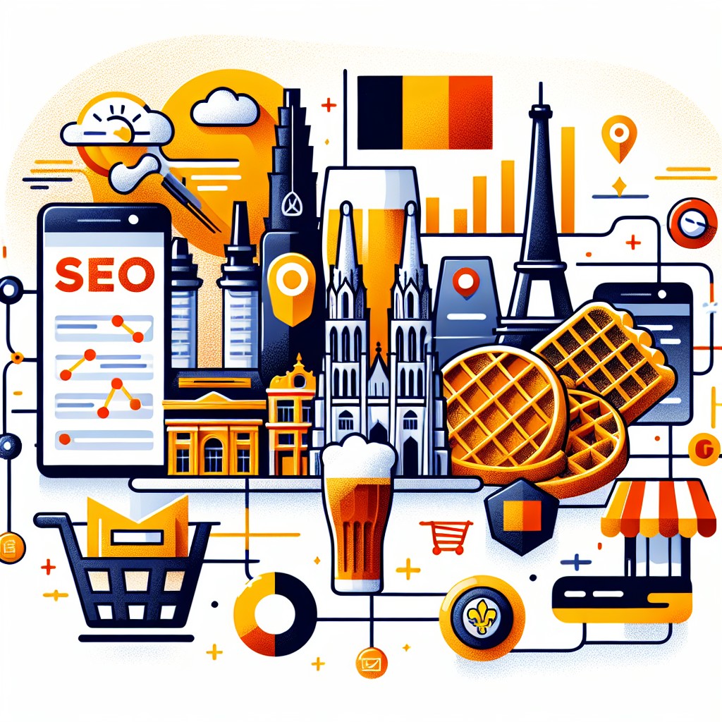 Illustration représentant des éléments de SEO et e-commerce adaptés au marché belge.