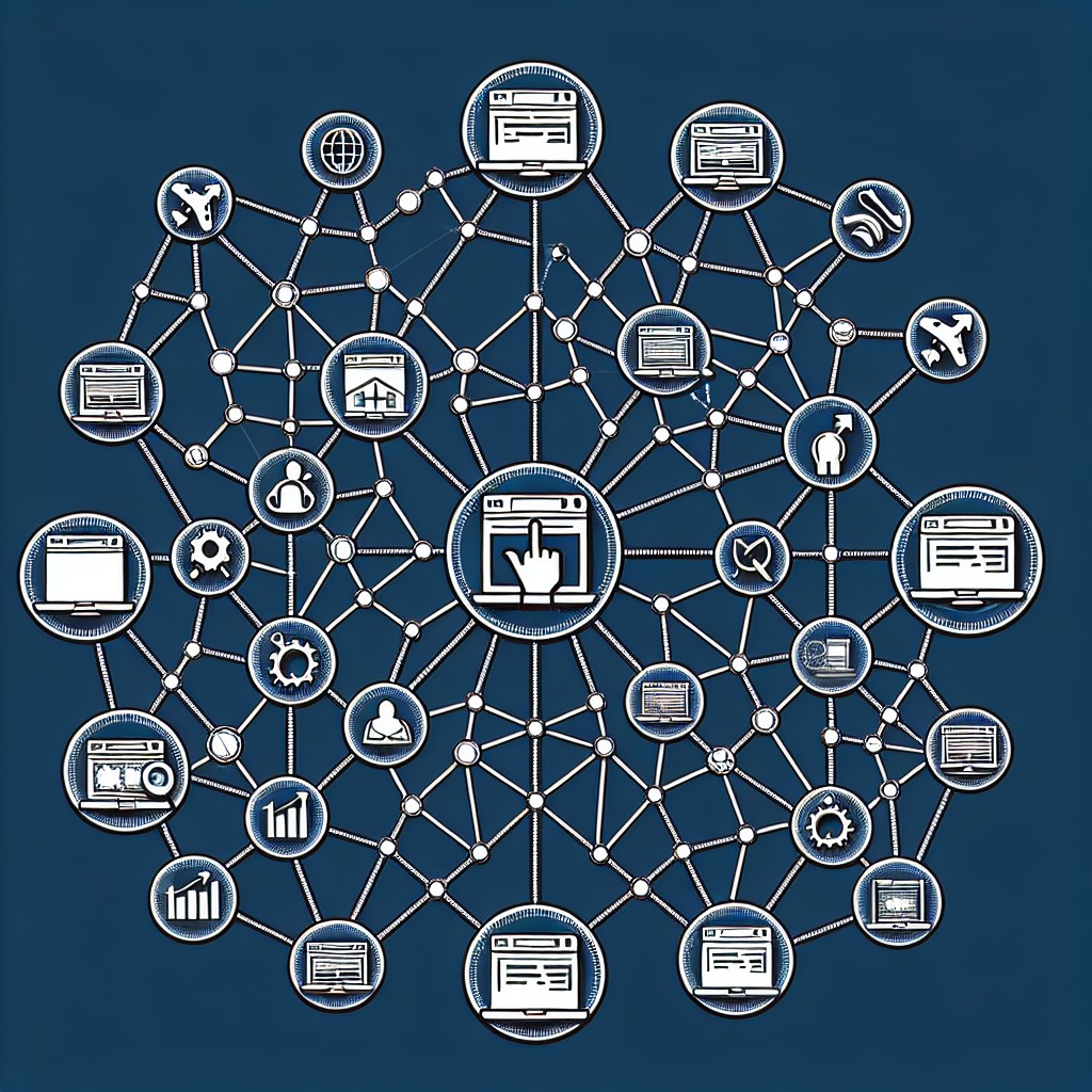 Une illustration représentant un réseau de backlinks connectant divers sites web pour optimiser le référencement.