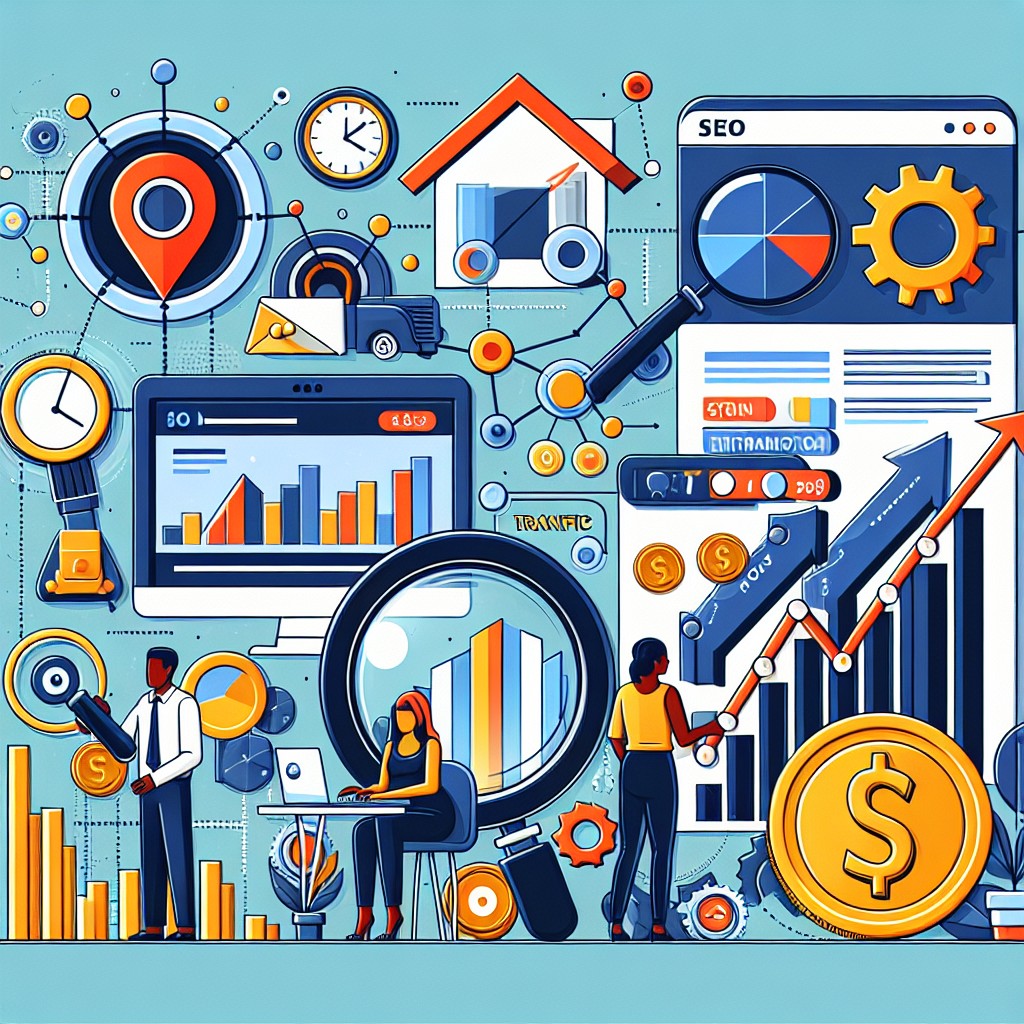 Image de couverture illustrant une représentation graphique de stratégies SEO améliorant le trafic et le ROI.