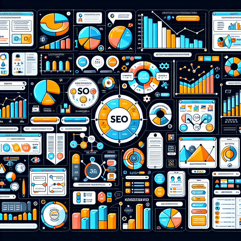 Illustration d'une interface web avec des graphiques et des statistiques représentant l'optimisation SEO