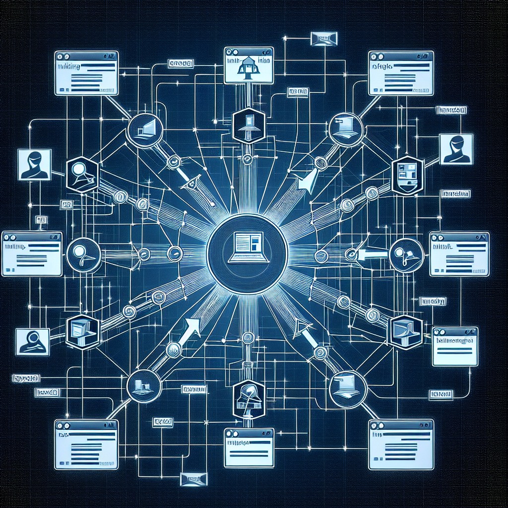 Diagramme illustrant des liens hypertextes pointant vers un site web central, représentant la technique de netlinking pour améliorer le SEO.