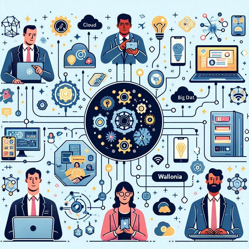 Illustration représentant la digitalisation des PME en Wallonie avec des icônes technologiques et des entrepreneurs wallons connectés.