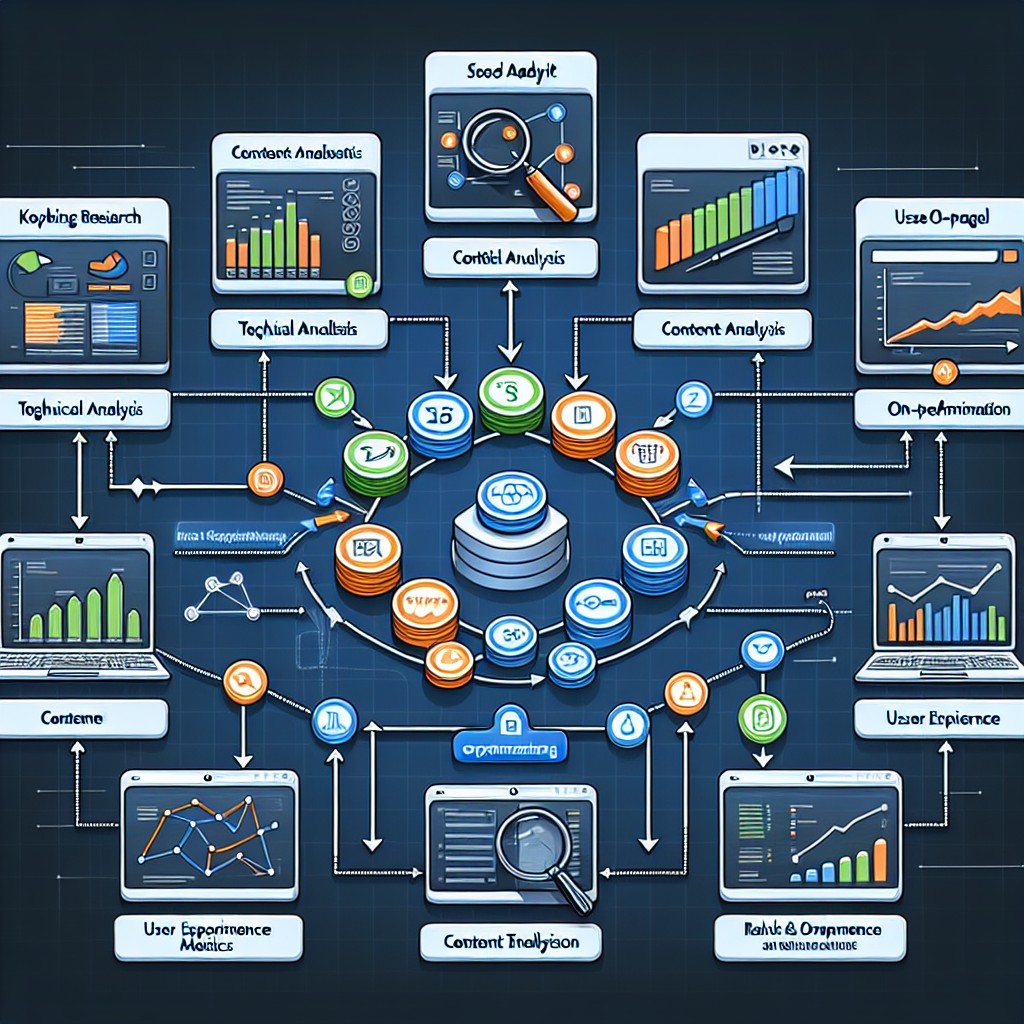 Image représentant les différentes étapes d'un audit SEO, incluant des graphiques et des outils d'analyse.