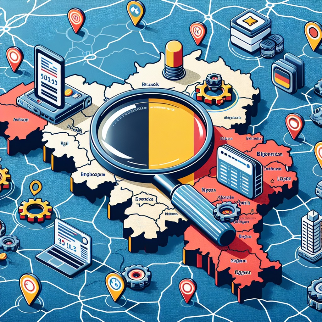 Une carte de la Belgique avec des icônes symbolisant le SEO local posées dessus