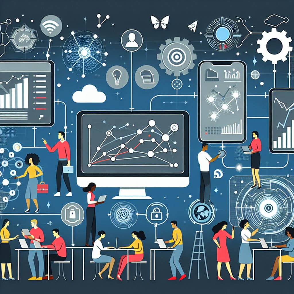 Illustration représentant des éléments de transformation digitale : des icônes technologiques connectées, un écran d'ordinateur affichant des graphiques de données, et des personnes travaillant en collaboration avec des dispositifs numériques.