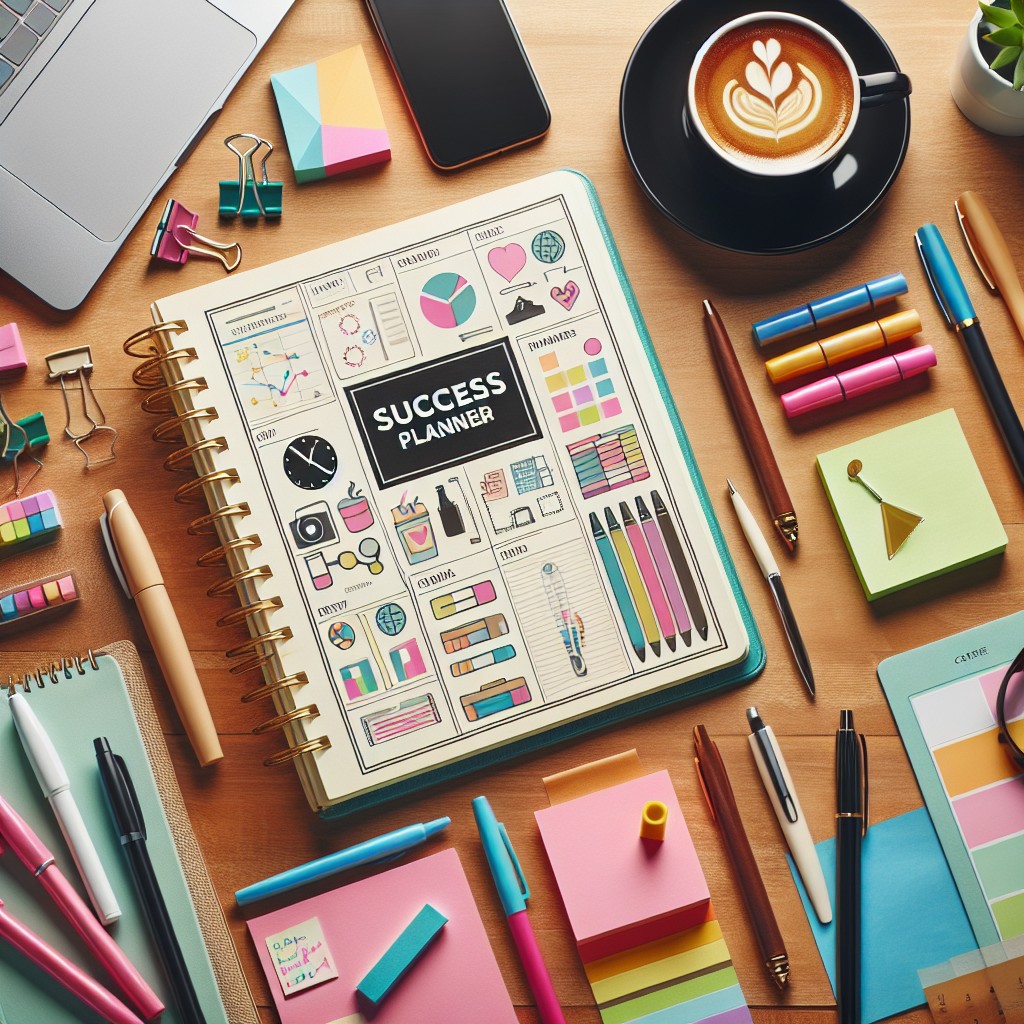 Couverture de l'article montrant un Success Planner ouvert sur un bureau avec des stylos, des notes colorées et une tasse de café à côté.