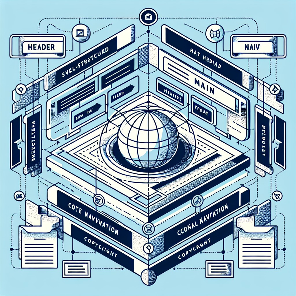 Un schéma illustrant une page web bien structurée avec des balises HTML étiquetées, montrant les sections header, nav, main et footer.