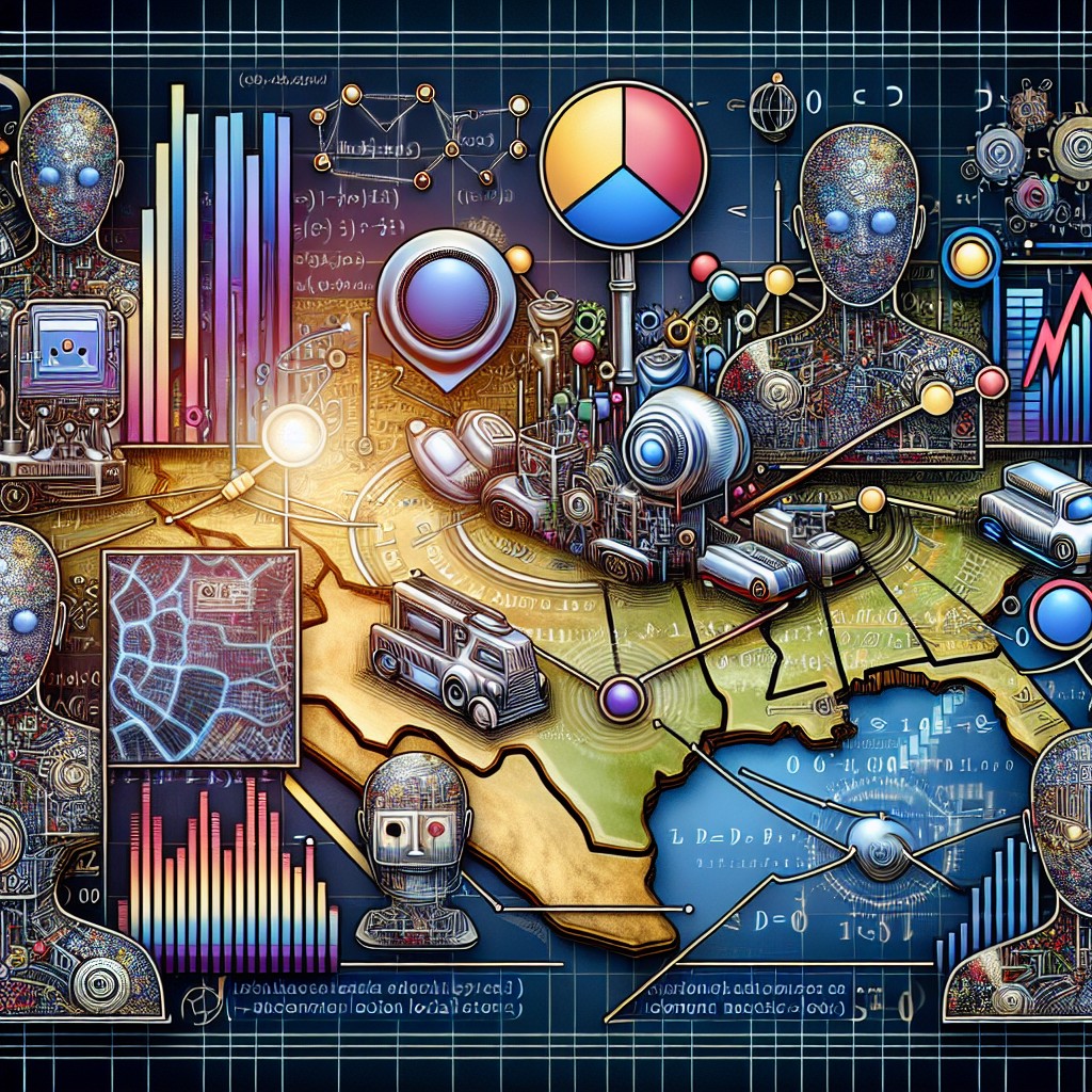 Une illustration montrant l'intégration de l'intelligence artificielle dans les stratégies de SEO local, avec des éléments comme des cartes locales, des robots et des graphiques de performance.