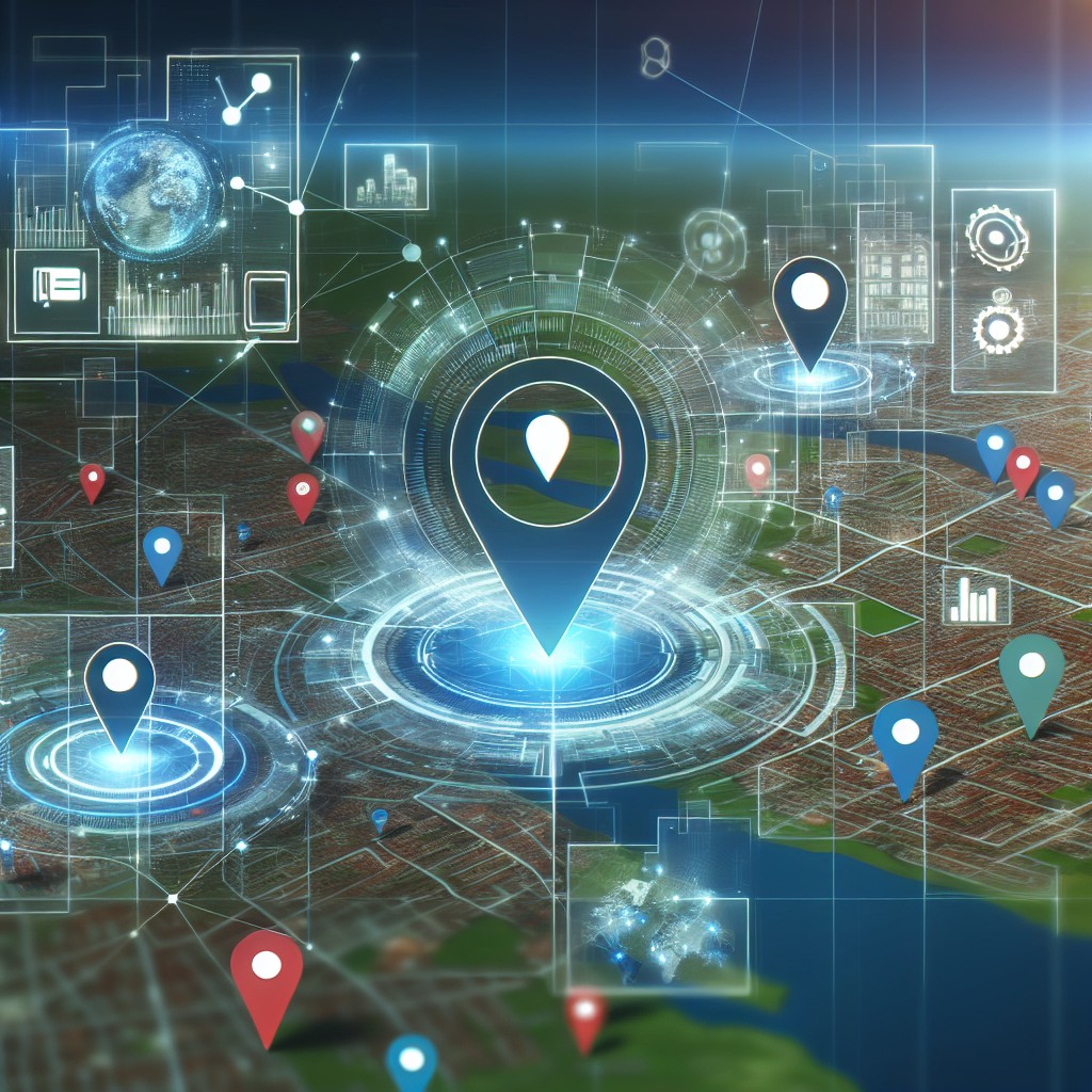 Image d'une carte géographique numérique avec des icônes de localisation et des éléments de data analytics en surimpression, symbolisant l'intégration de l'IA dans le SEO local.