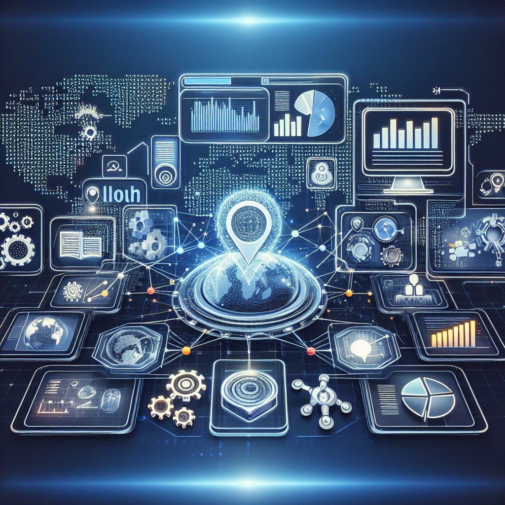 Illustration de l'intégration de l'intelligence artificielle dans le SEO local, montrant des outils d'analyse et d'automatisation.