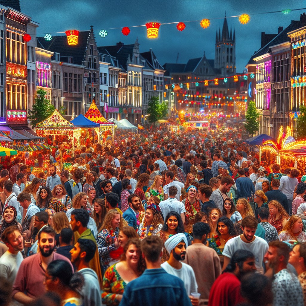 Vue panoramique colorée des festivités animées de La Louvière pendant les Fêtes de Wallonie.