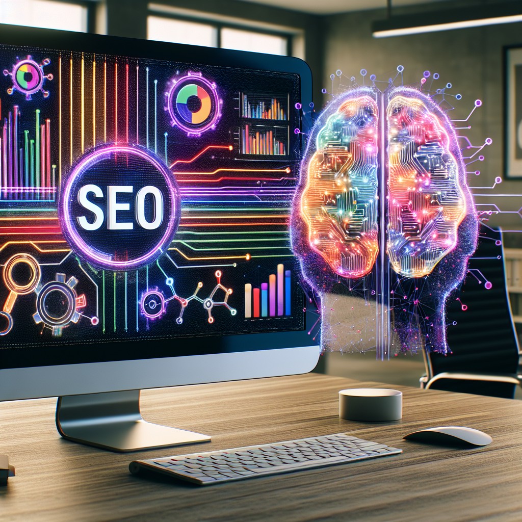 Image de couverture montrant un ordinateur avec des graphiques SEO et des icônes d'intelligence artificielle, représentant l'automatisation SEO par l'IA.