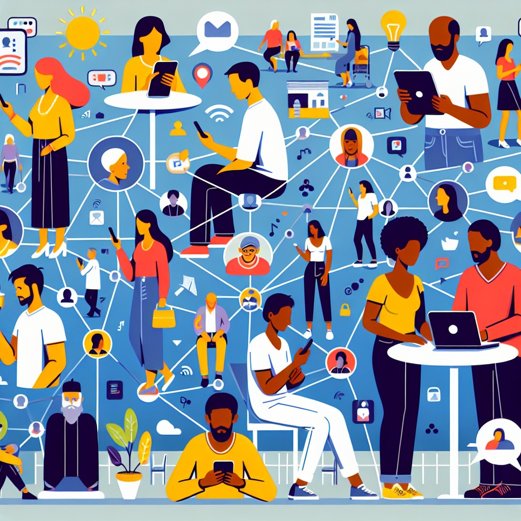 Illustration de l'impact des réseaux sociaux en 2024 montrant personnes connectées par smartphones