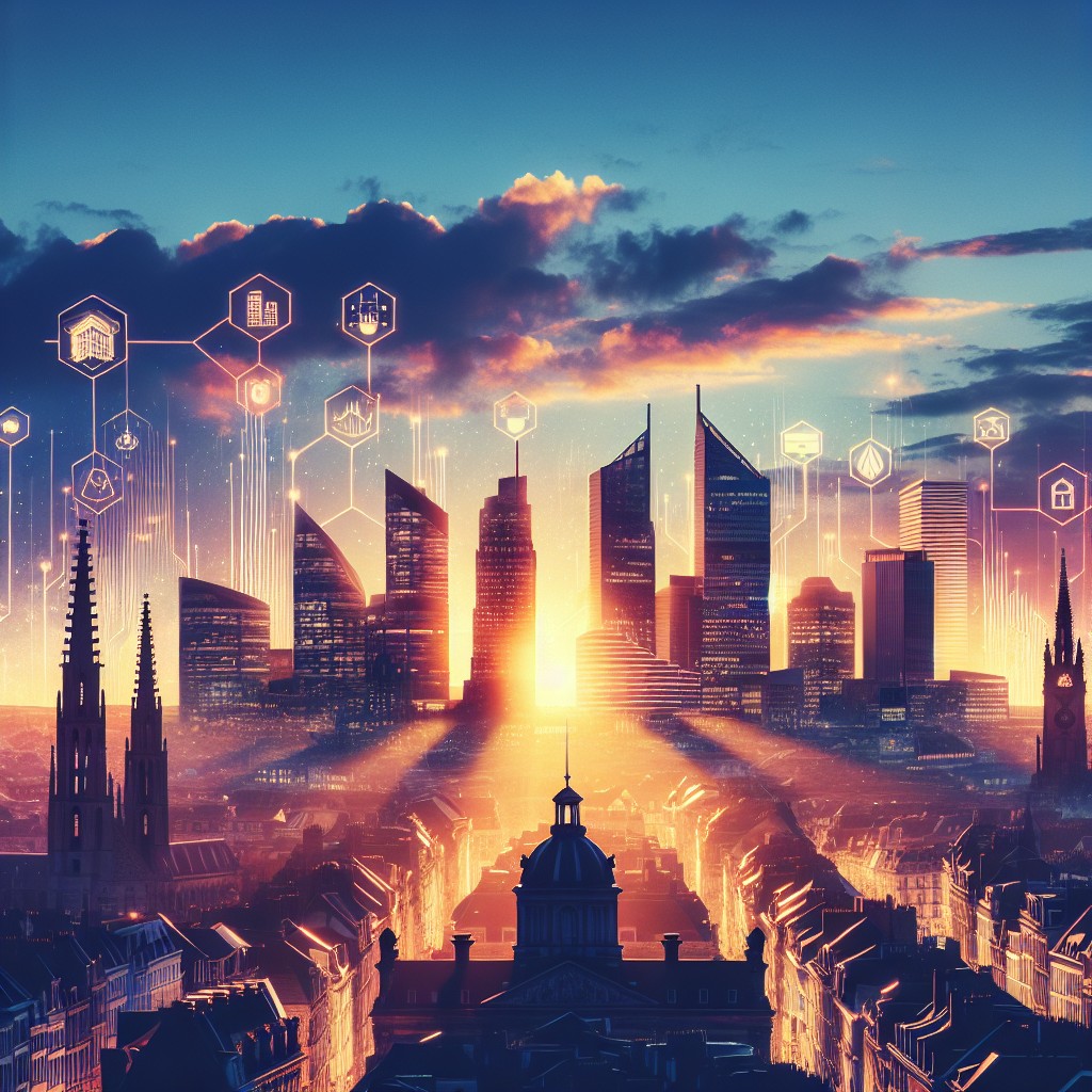 Une image de skyline belge avec des silhouettes de gratte-ciel et des structures technologiques symbolisant l'innovation et la croissance des startups.